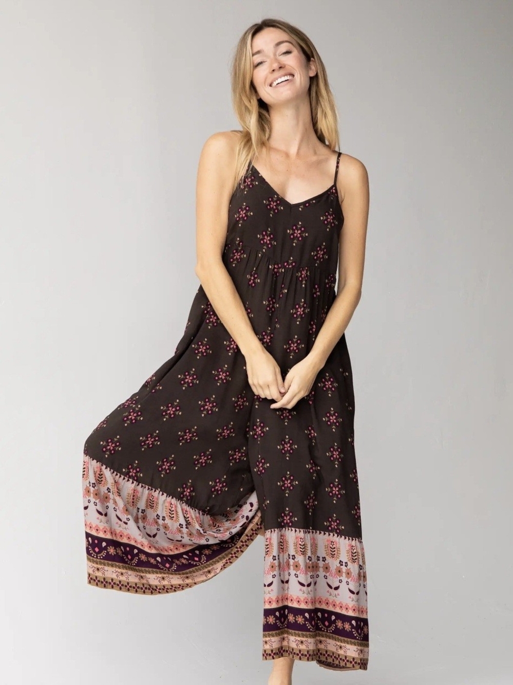 NATURAL LIFE Brown Floral Boho 70s Cottagecore Wide-Leg Jumpsuit Sz XL